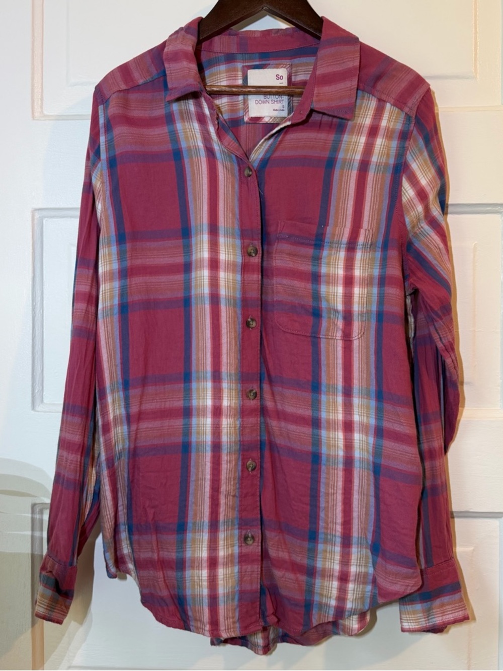 SO Plaid Button-Down Shirt in Berry, Blue, Cream, Tan